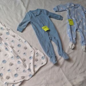 Carter's Light Blue, Blue and White Three-Piece Footed One-Piece Set